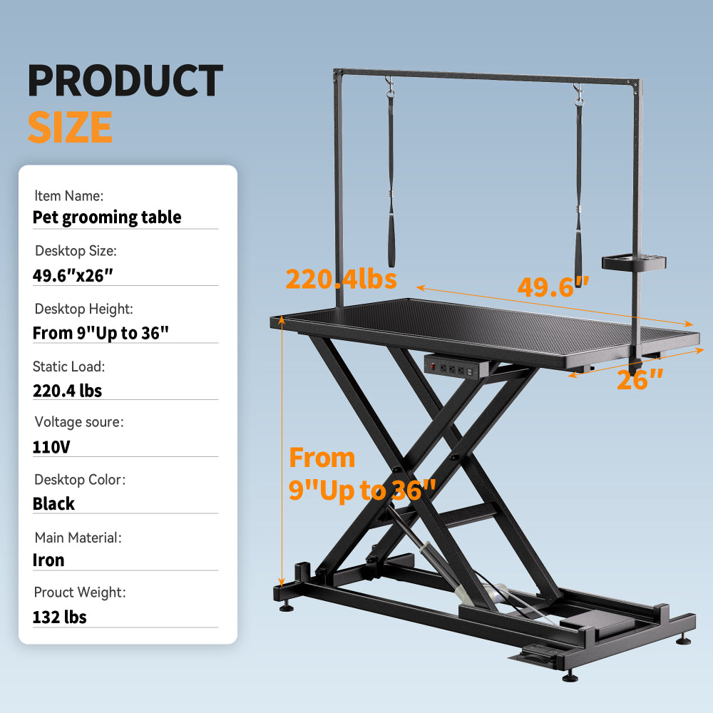 Professional Electric Dog Grooming Table - Heavy Duty, Height Adjustable Pet Grooming Table w/Leveling Wheels, Dog Grooming Arm, Anti Slip Tabletop & Tool Organizer/Dog Grooming Station (50", BLACK)