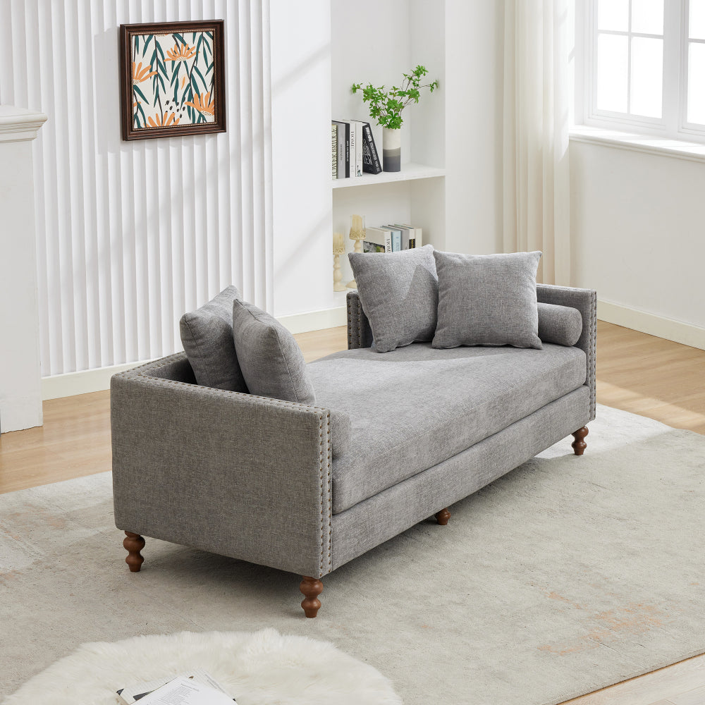 75.2'' Wide Upholstered Chaise Lounge Indoor with Nailheads,Sleeper Sofa Couch With 4 Throw Pillows&2 Bolsters,Daybed with Rubberwood Legs For Living Room,Bedroom, Apartment,Guestroom,Gray Chenille