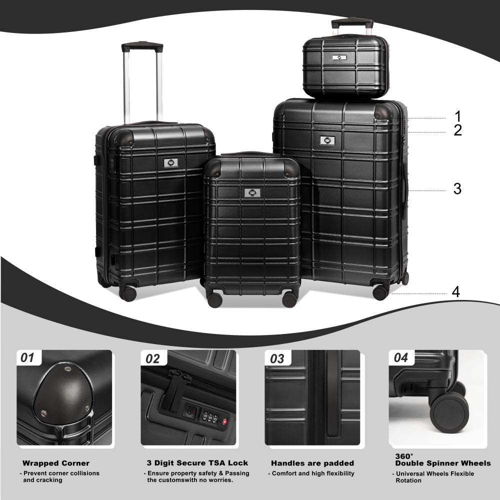 Luggage Sets ABS+PC Hardshell 4pcs Luggage Hardside Lightweight Durable Suitcase sets Spinner Wheels Suitcase with TSA Lock (12/20/24/28),black