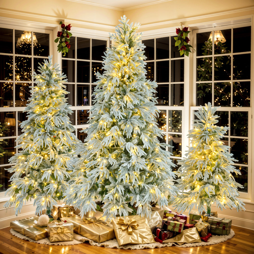7.5FT Pre-Lit Spruce Snow Flocked Christmas Tree, Artificial Hinged Xmas Tree with 350 Multi-Color LED Lights, 8 Flashing Modes &1389 Snow Branch Tips, Holiday Office Home Décor