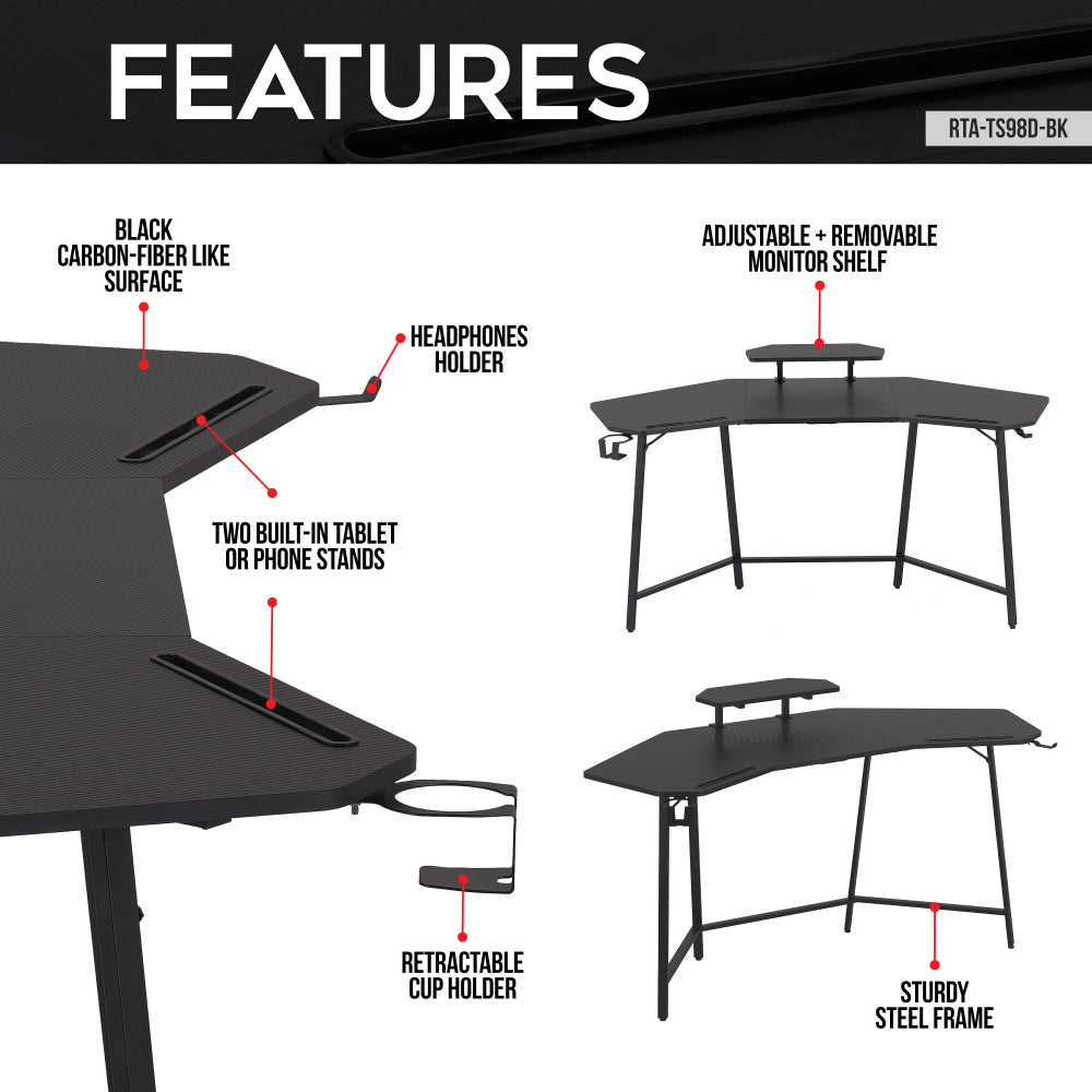 Techni Sport TS98D Gaming Desk with Shelf & Accessory Holders, Black