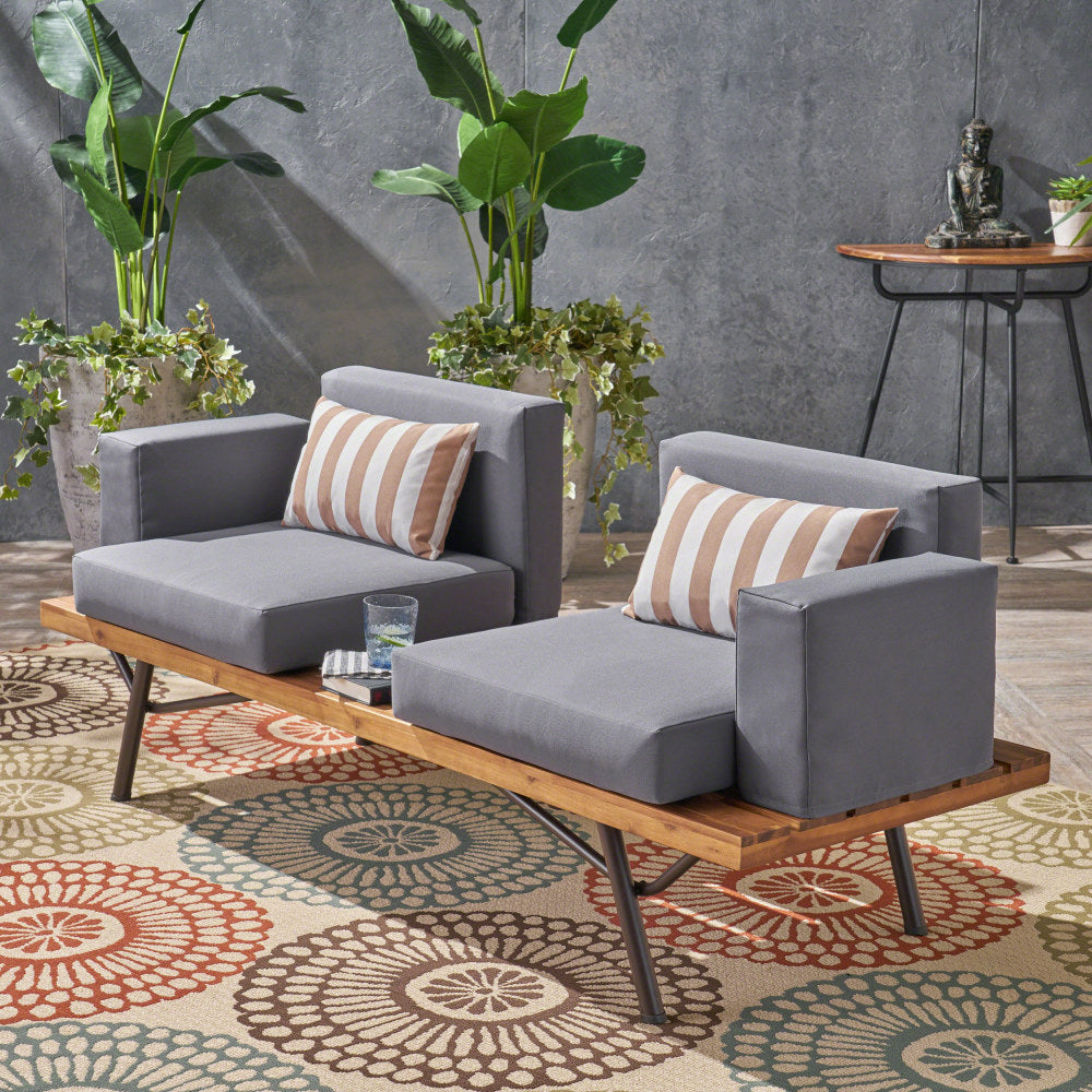 Outdoor Acacia Wood 2 Seater Sofa with Metal Legs for Garden Patio