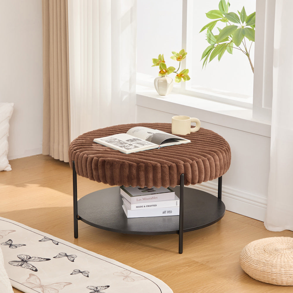 30.7"Wide Upholstered Ottoman Coffee Table Foot Rest with Black Metal Legs,Footstool with Wooden Open Storage Shelf, Faux Fur Foot Stool for Living Room Bedroom Entryway Hotel. Beige