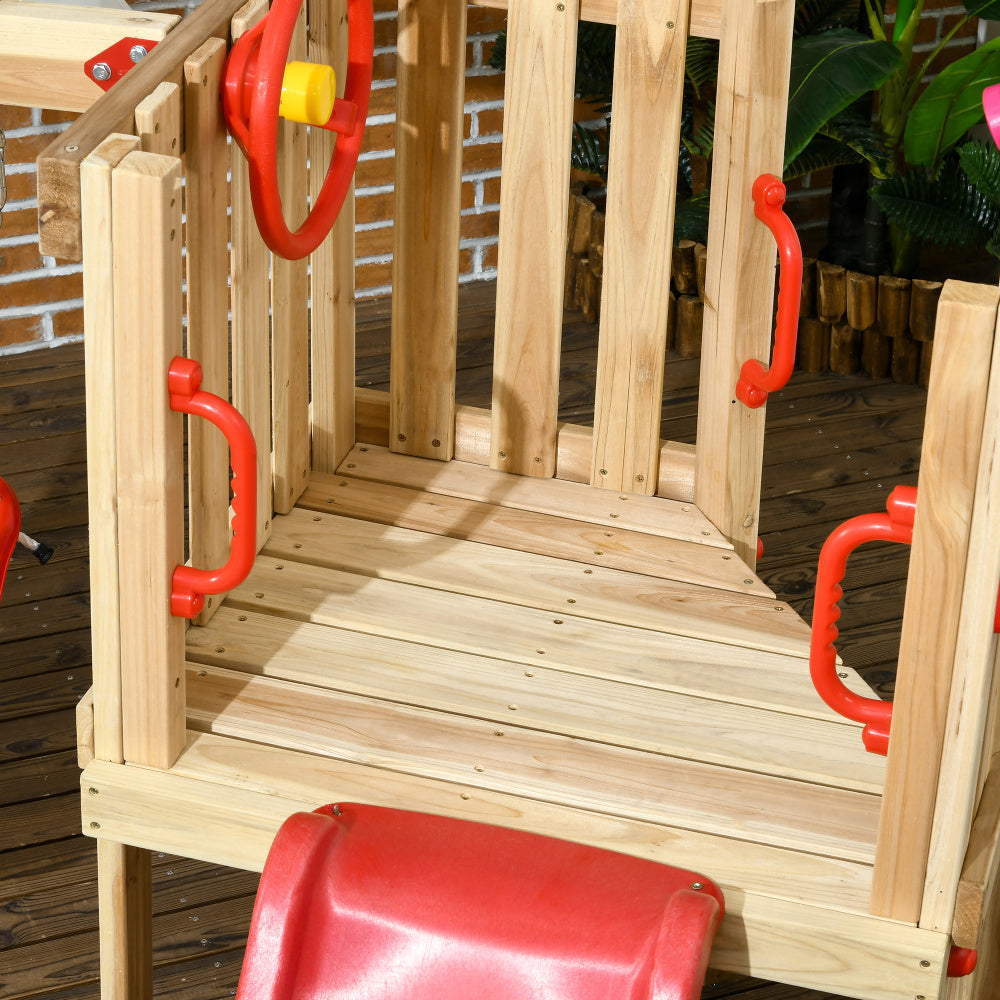 Outsunny 4 in 1 Wooden Swing Set Outdoor Playset with Baby Swing Seat, Toddler Slide, Captain's Wheel, Horn, Kids Backyard Playground Equipment, Ages 1.5-4