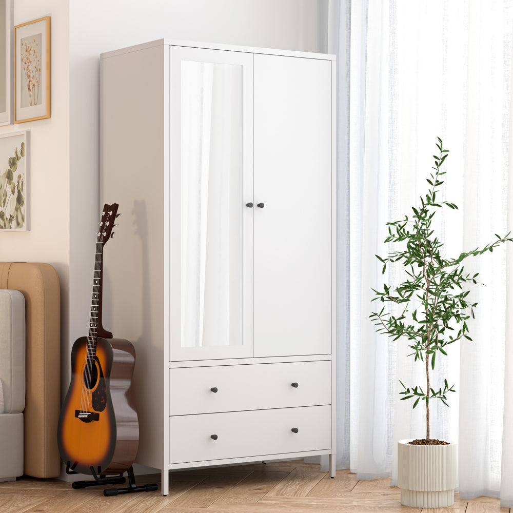 Metal Armoire Wardrobe Closet with 2 Drawers, Mirror Door and Hanging Rod, Metal Clothing Storage Cabinet, Garment Organizer with Magnetic Door - Dark Grey