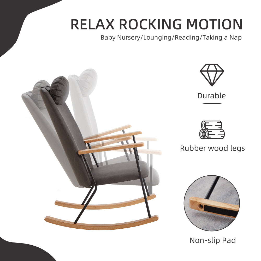 Adjustable Headrest Pillow Rocking Chair, Technical Leather Upholstered Glider Rocker with High Backrest, Modern Rocking Accent Chairs Comfy Side Chair for Nursery, Bedroom, Living Room (Dark Grey)