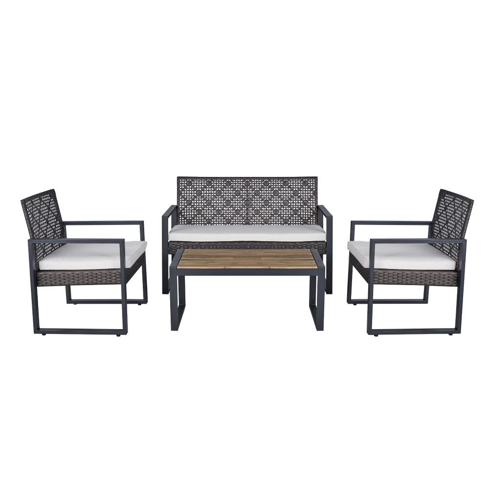 4-Piece Patio Furniture Set Outdoor Balcony Porch Garden Backyard Lawn Furniture Acacia Wood Table Top, Morden Black and Light Brown