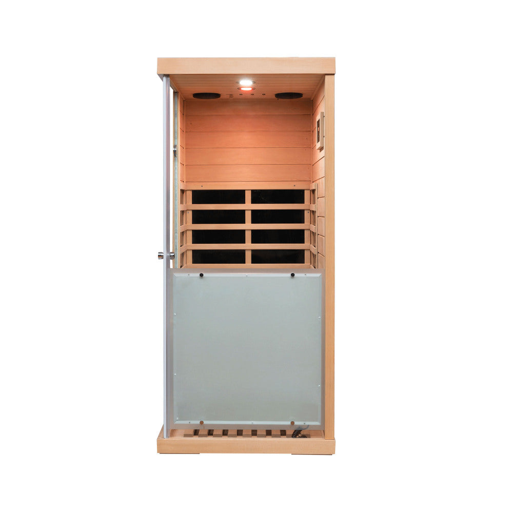 Large glass mini hemlock sauna with right door opening