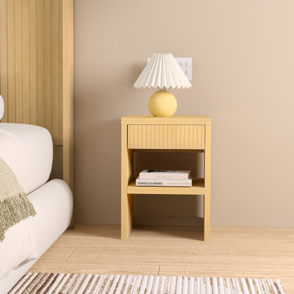 Night Stand with Drawer Storage Fluted Bed Side Table End Table Large Modern Wide Bedside Stand Mid Century Night Stands for Bedroom Living Room Sofa Office, Natural Wood