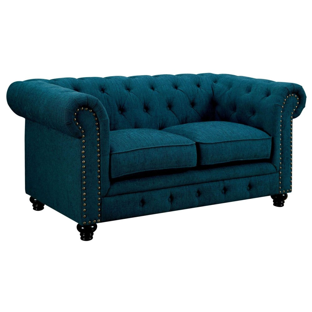 Contemporary Dark Teal Color 1pc Loveseat Button Tufted Couch Rolled Arms Nailhead Trim Leatherette