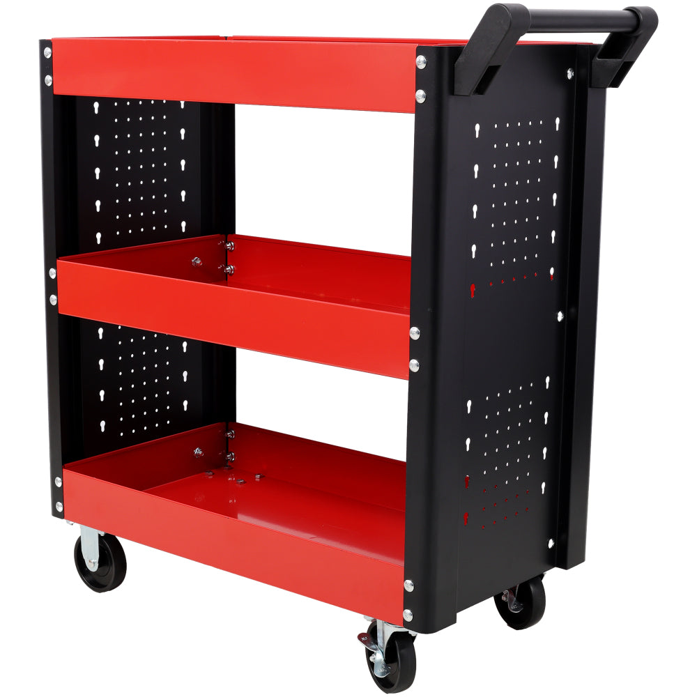 3 Tier Rolling Tool Cart on Wheels,Heavy Duty Utility Tool Cart with Pegboard for Repair Shop, Garage, Warehouse,Red