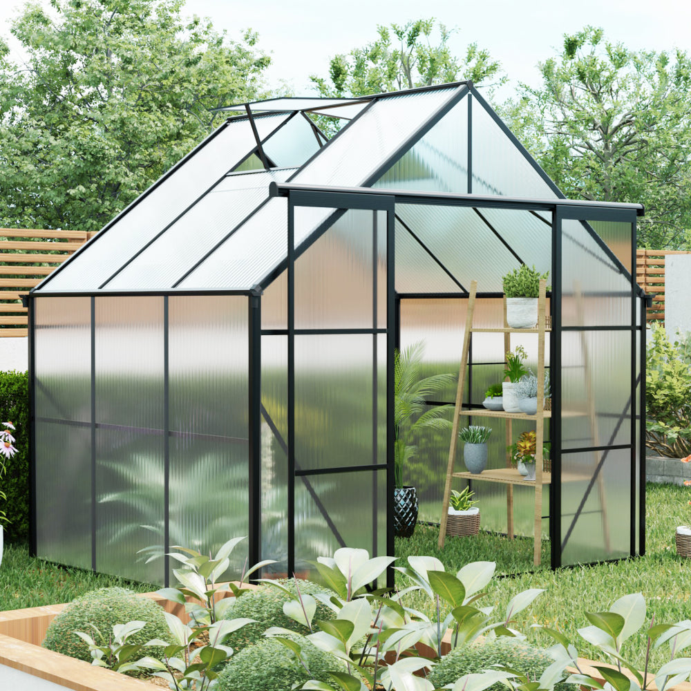 8x8 FT Double Door Polycarbonate Greenhouse Raised Base and Anchor Aluminum Heavy Duty Walk-in Greenhouses for Outdoor Backyard in All Season,Green