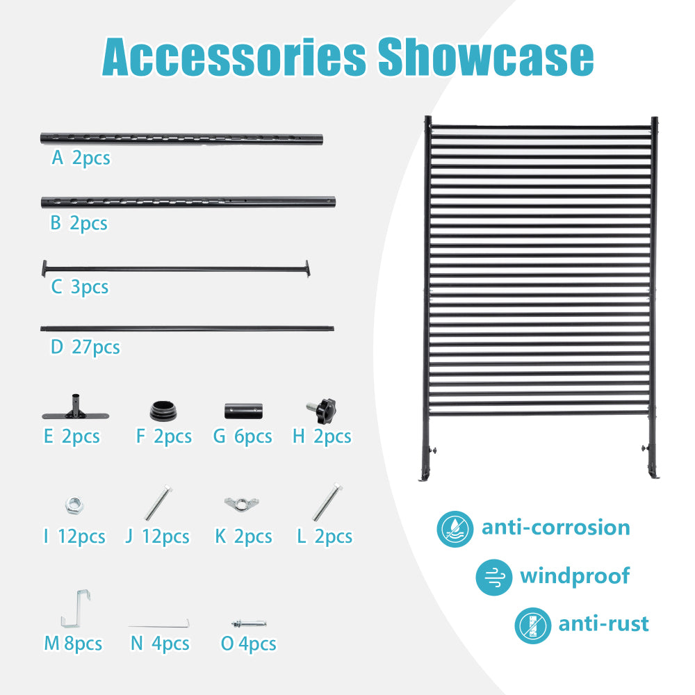 71.26''x46.65'' Outdoor Privacy Screens Freestanding,Metal Privacy Fence Panels for Outside, Slatted Privacy Screens with Stand,Black