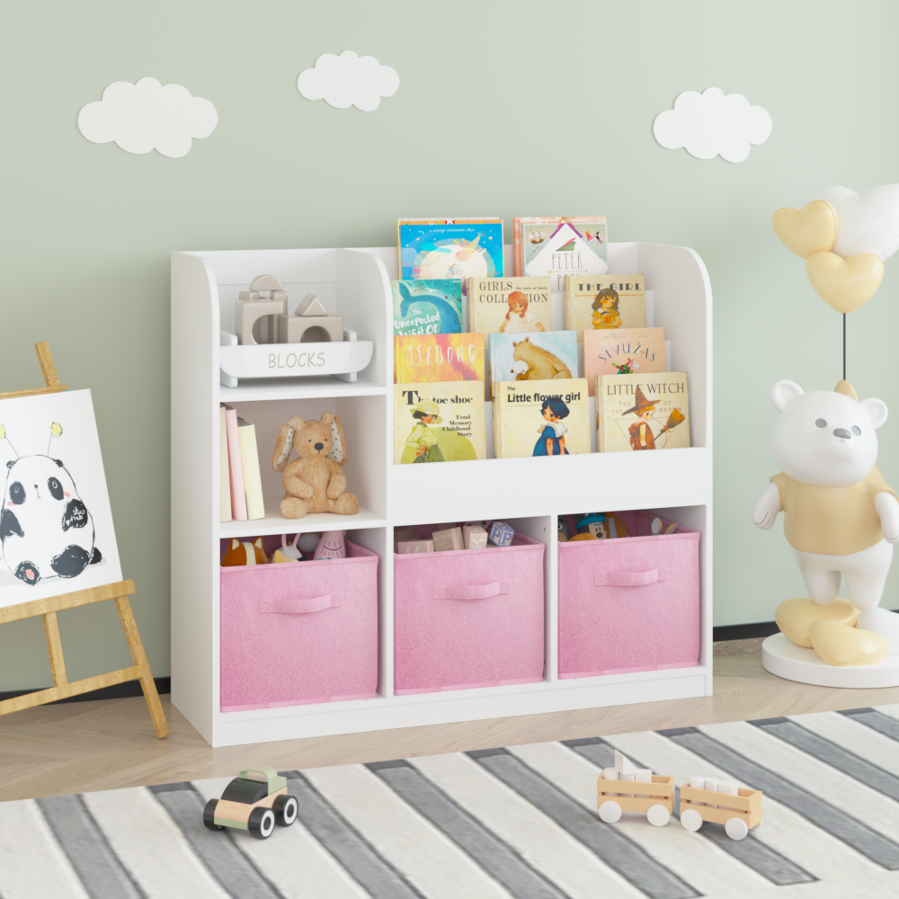 Kids Bookcase and Bookshelf, Multifunctional Bookcase with 3 Collapsible Fabric Drawers, Bookcase Display Stand, Toy Storage Organizer for Bedroom, Playroom, Hallway (White/Pink)