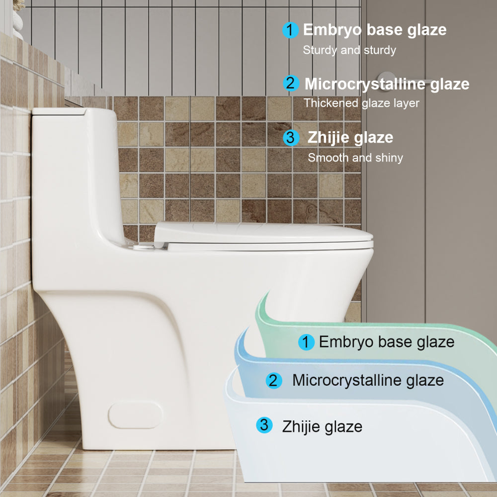 1.1/1.6 GPF Tornado Flush One-Piece Toilet Elongated, Siphonic S-trap 12",Soft Closing Seat, Button on Tank top ,Powerful Dual Flush MAP 1000g, Comfort Chair Seat ADA Height 17", Glossy White GW-002