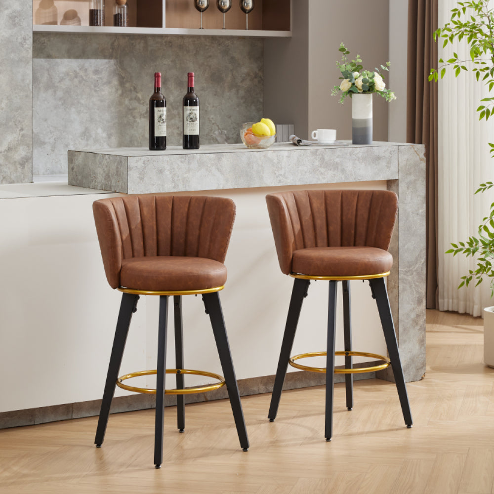 Counter Height Bar Stools Set of 2, 360° Swivel Upholstered Barstools with Backs and Metal Legs, 26" H Seat Height, Velvet Fabric,Goldy Footrest