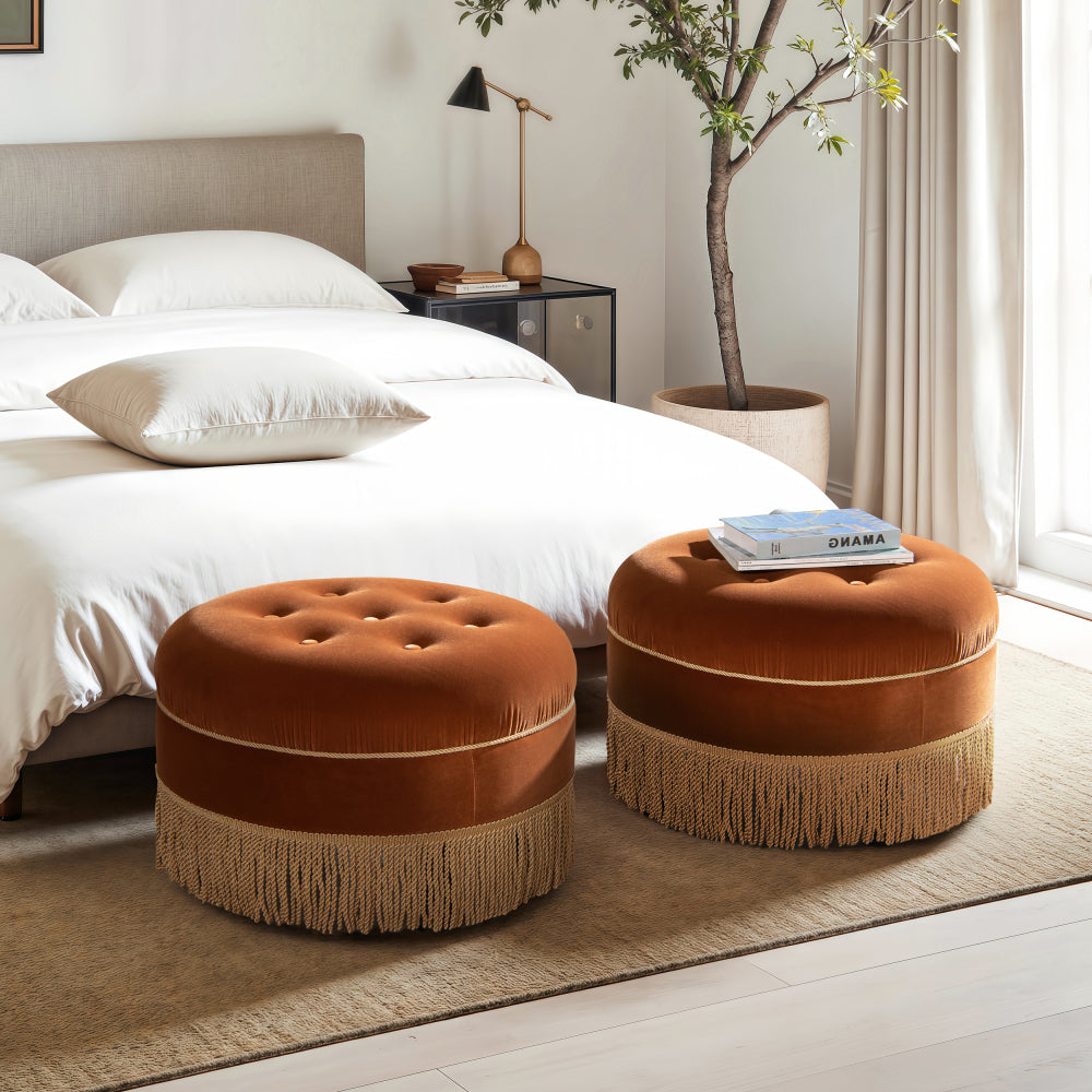 Yolanda 24" Round Upholstered Accent Ottoman, Peach Orange Velvet with Gold Trim