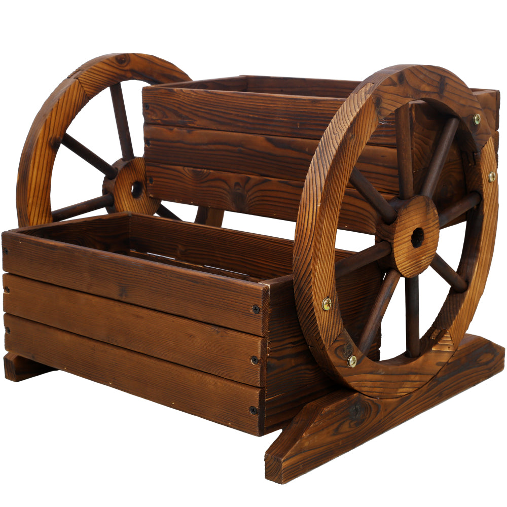 Wood Wagon Flower Planter Pot Stand W/Wheels Home Garden Outdoor Decor