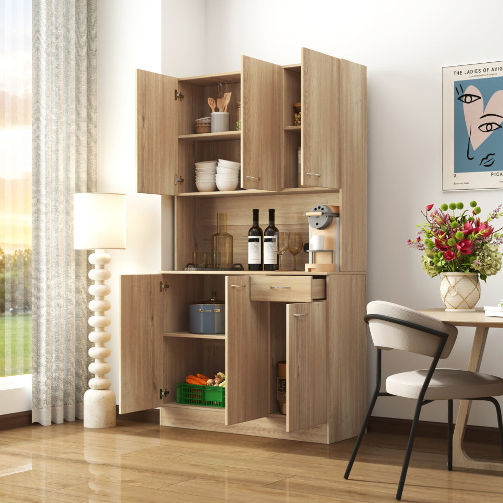 70.87" Tall Wardrobe& Kitchen Cabinet, with 6-Doors, 1-Open Shelves and 1-Drawer for bedroom,Walnut