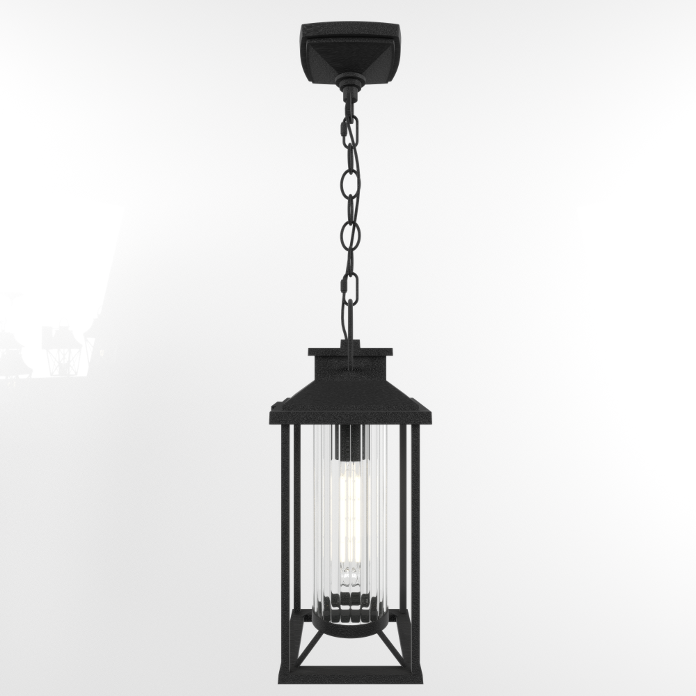 Outdoor Pendant Lights for Porch, Black Exterior Chandelier for Gazebo, Modern Outside Hanging Lanterns Outdoor Ceiling Light Fixture with Ribbed Glass for House Patio, Anti-Rust Waterproof (1 pack)
