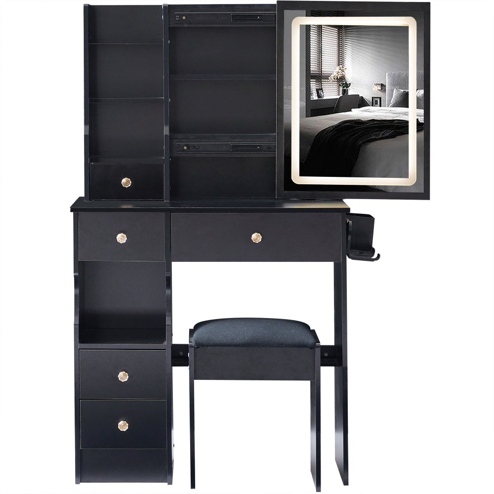 29.2" Small Size Left Drawer Desktop Vanity Table + Cushioned Stool, 2 AC+2 USB Power Station, Hair dryer bracket, Extra Large Touch Control Sliding LED Mirror, Tri-color Switching, Brightness Adjust