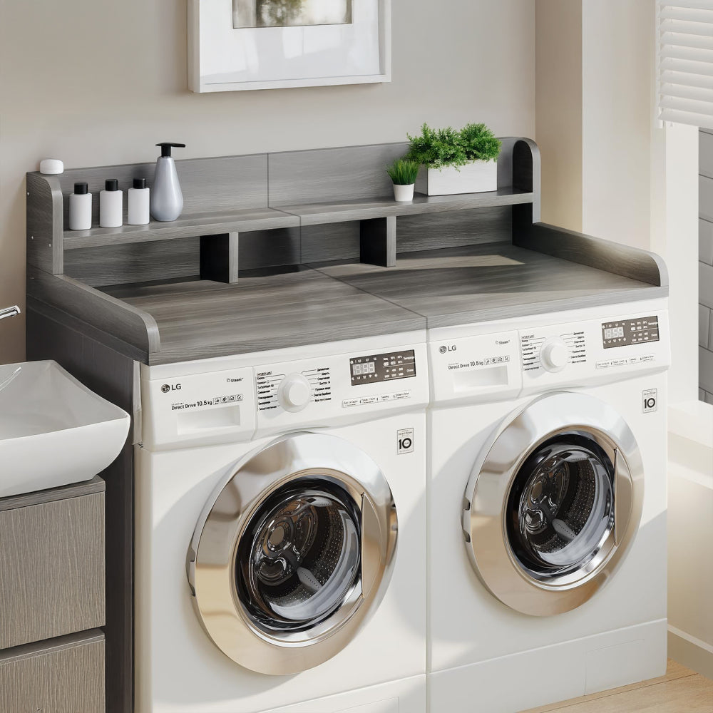 Washer Dryer Countertop with Non-slip Pads, Laundry Wood Shelf Topper with Edge, 54" Width x 27.5" Depth Double Layer Organizer for Washer and Dryer Laundry Hamper Counter Storage Organization (BLACK)