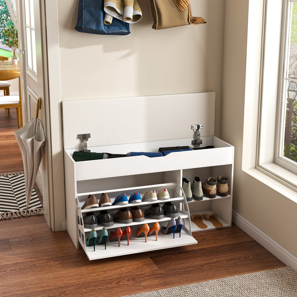 Entryway Bench with Shoe Storage,Adjustable 3-Tier Flip-Up Drawers & Hidden Cabinet,Space-Saving Shoe Organizer,Triple Storage and Modern Design,for Hallway and Living Room,White