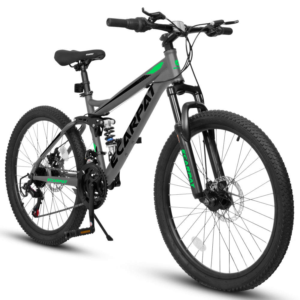 A2460 24 Inch Mountain Bike with Full Suspension, 21 Speed Shifter Lever with Gear Indicator, High Carbon Steel Frame, Mechanical Disc Brakes, Unisex for Men/Women/ Adults, Ideal for Trails.