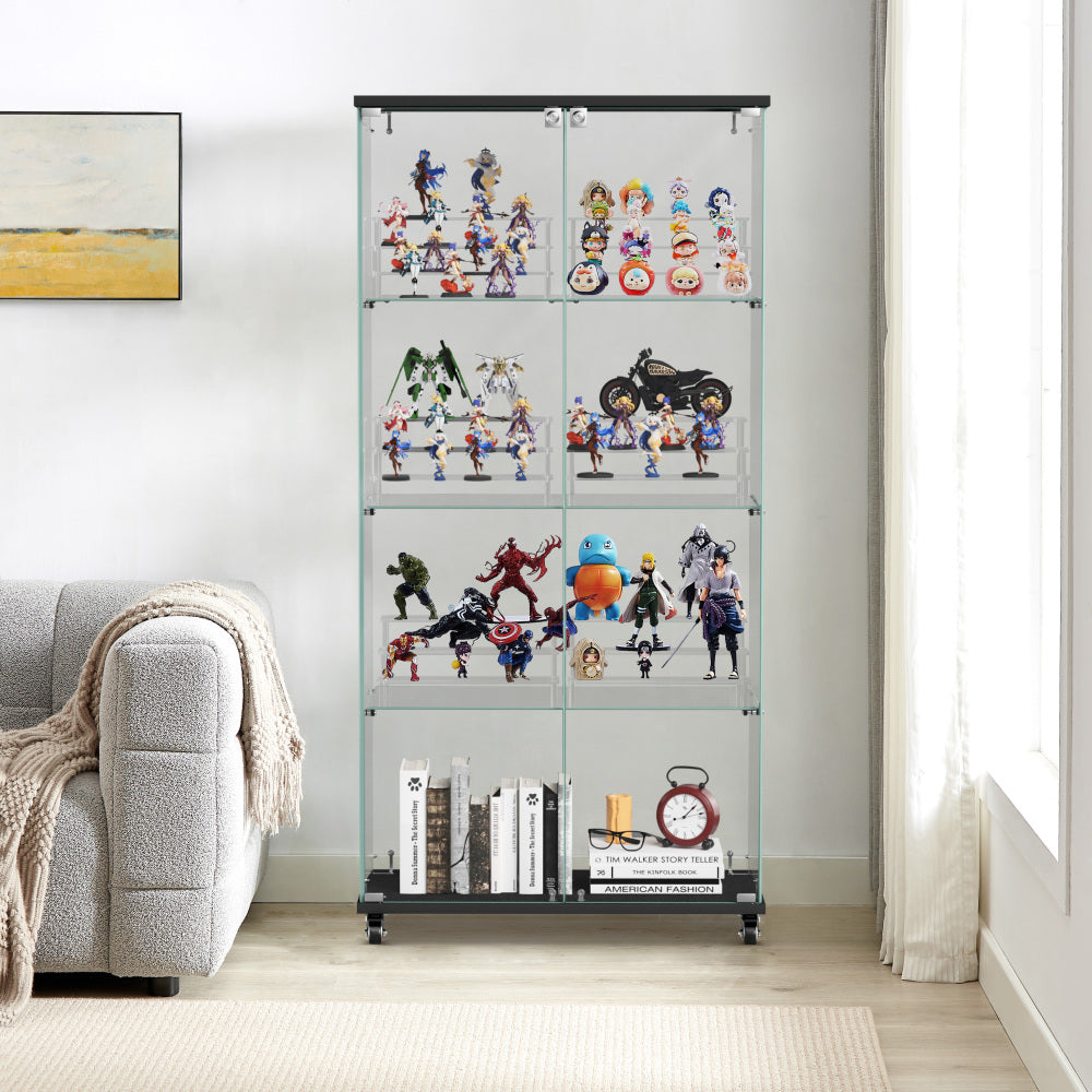 4 Tier Glass Display Cabinet, Single Door Glass Cabinet with Lock and Wheels, Floor Standing Storage Cabinet with 3 Acrylic Shelves for Living Room, Bedroom and Office, White, 15.8"L x 14.2"W x 65.1"H
