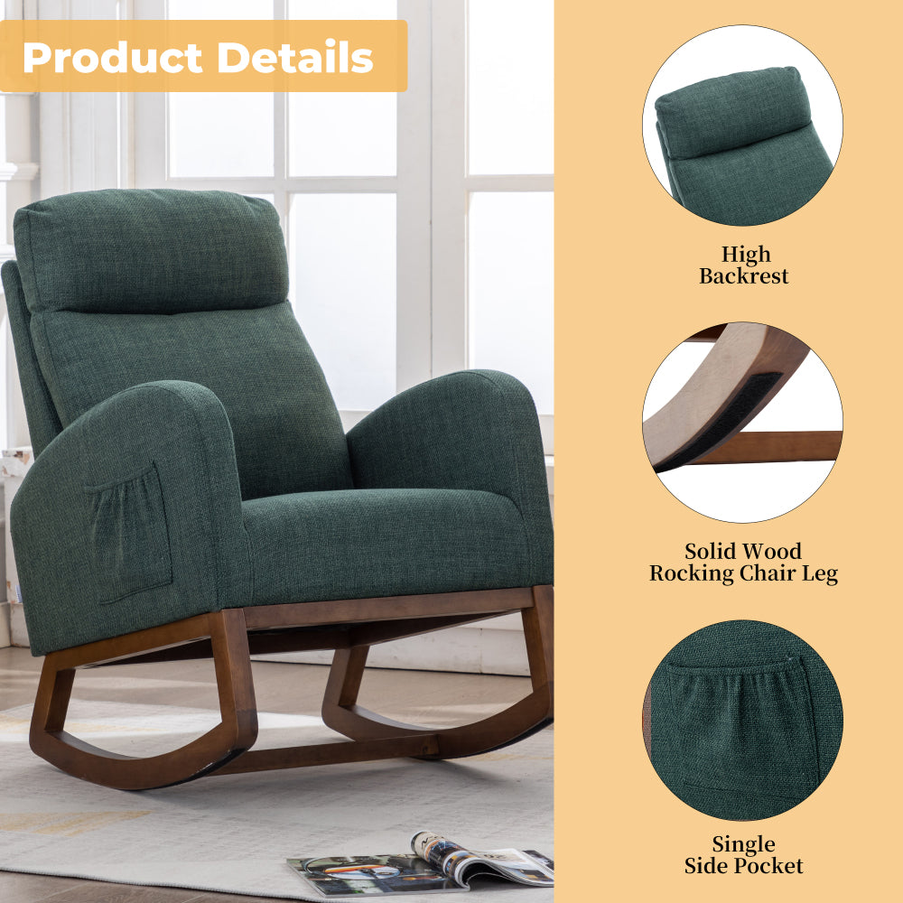 Rocking Chair, Modern Glider Chair, Recliner Armchair with Wood Legs and Side Pocket, Nursery Rocking Accent Chair with High Back for Living Room Bedroom (Emerald linen)