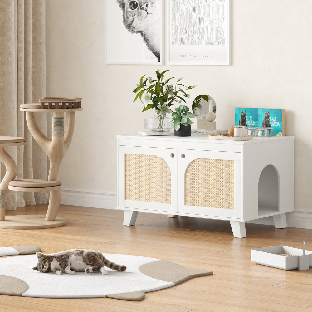 Flip Top Hidden Cat Litter Box Enclosure Furniture Cabinet with Rattan Decorated Doors for Your Home, Two Entrances