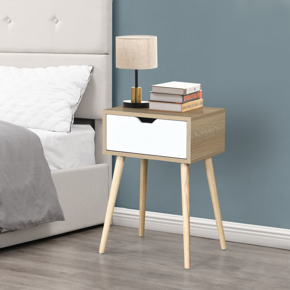 Side Table,Bedside Table with 2 Drawers and Rubber Wood Legs, Mid-Century Modern Storage Cabinet for Bedroom Living Room, Black