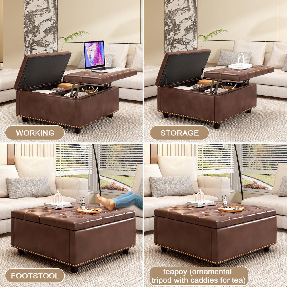 Large square storage stool with two storage doors, footstool for living room Mid-century modern coffee table with nailhead inlay, brown PU leather