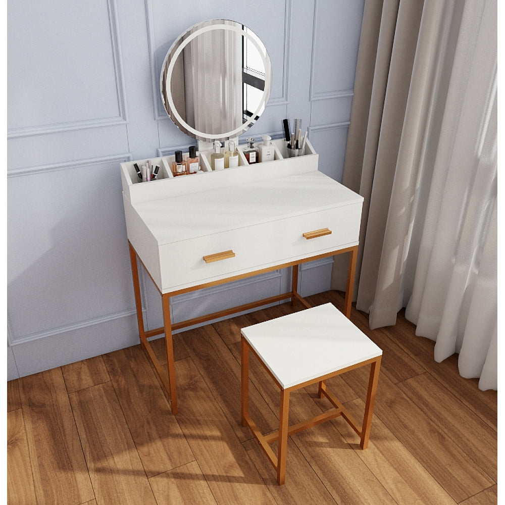 Vanity Set with Mirror and Stool - Makeup Vanity Table with Storage Drawers and Organizer, White and Gold, Space-Saving Design for Small Bedrooms