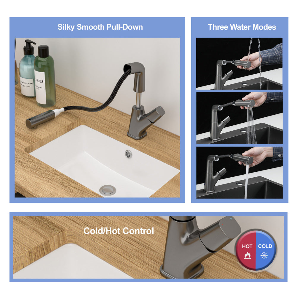 Pull-Down Bathroom Sink Faucet with Three Water Modes, Gunmetal Black