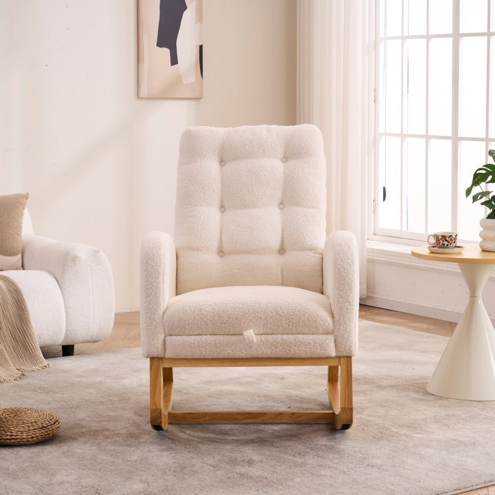 LY-5104 Plush Accent Rocking Chair with Footrest, Cream White High-Back Rocker, Rubber Wood Lounge Chair for Nursery & Living Room, 38.36"W x 26.77"D x 39.76"H
