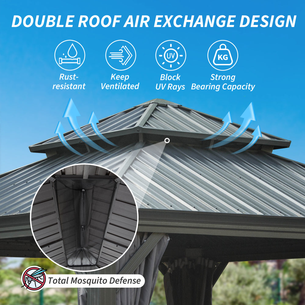 12' X 12' Hardtop Gazebo, Upgraded Metal Gazebo with Drainage System, Dual-Layer Galvanized Steel Roof, Curtain and Netting, Outdoor Shelter Canopy for Patio, Garden, and Backyard, Grey