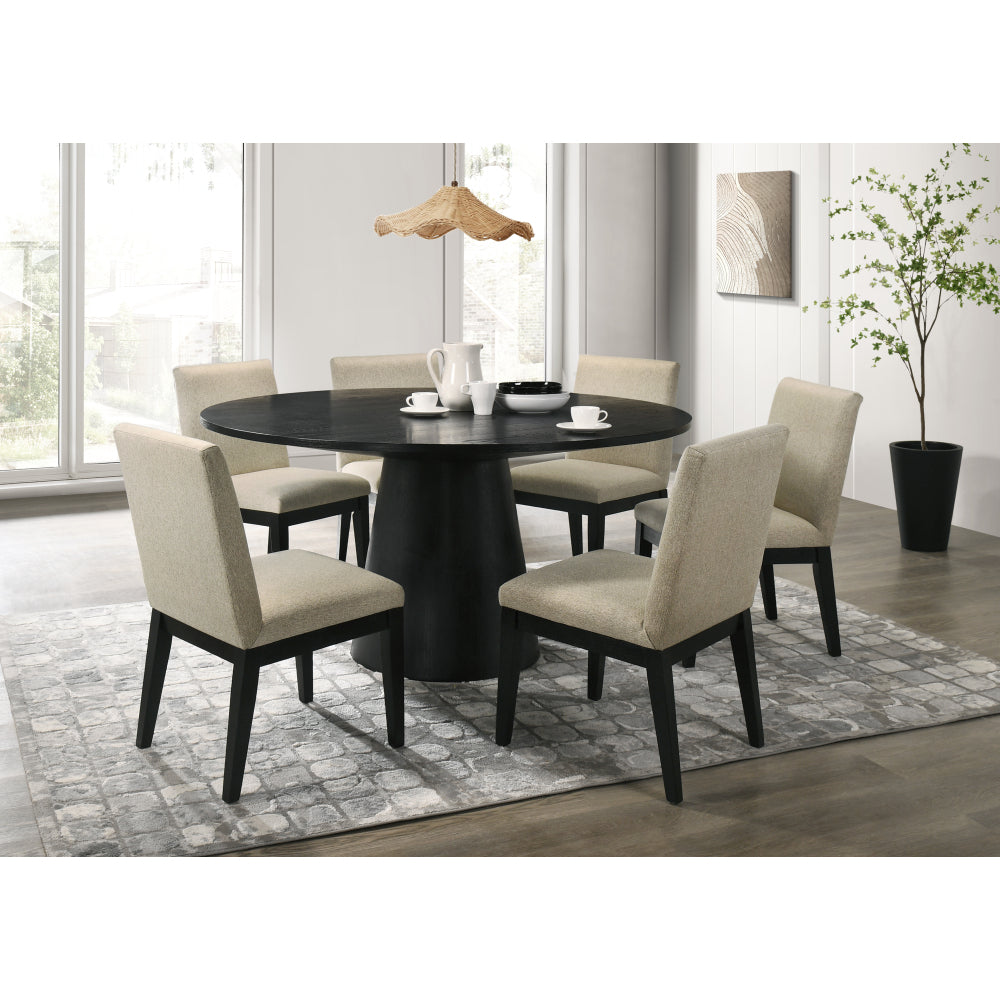 Jasper Ebony Black 7 Piece 59"W Round Dining Table Set with Pedestal Base and Beige Fabric Chairs