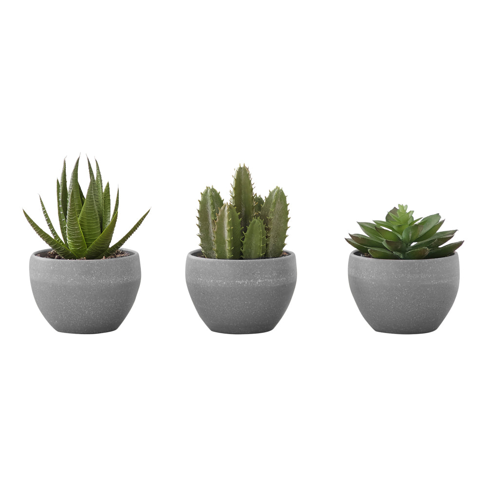 Artificial Plant, 6" Tall, Succulent, Indoor, Faux, Fake, Table, Greenery, Potted, Set Of 3, Decorative, Green Plants, Grey Cement Pots