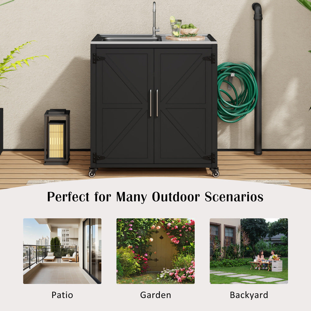 Outdoor Movable Kitchen Sink Outdoor Grill Cart Outdoor Storage Cabinet Outdoor Kitchen Island Patio Modular Kitchen Sink Station with Cabinet for Garden, Patio, Backyard, Matte Black
