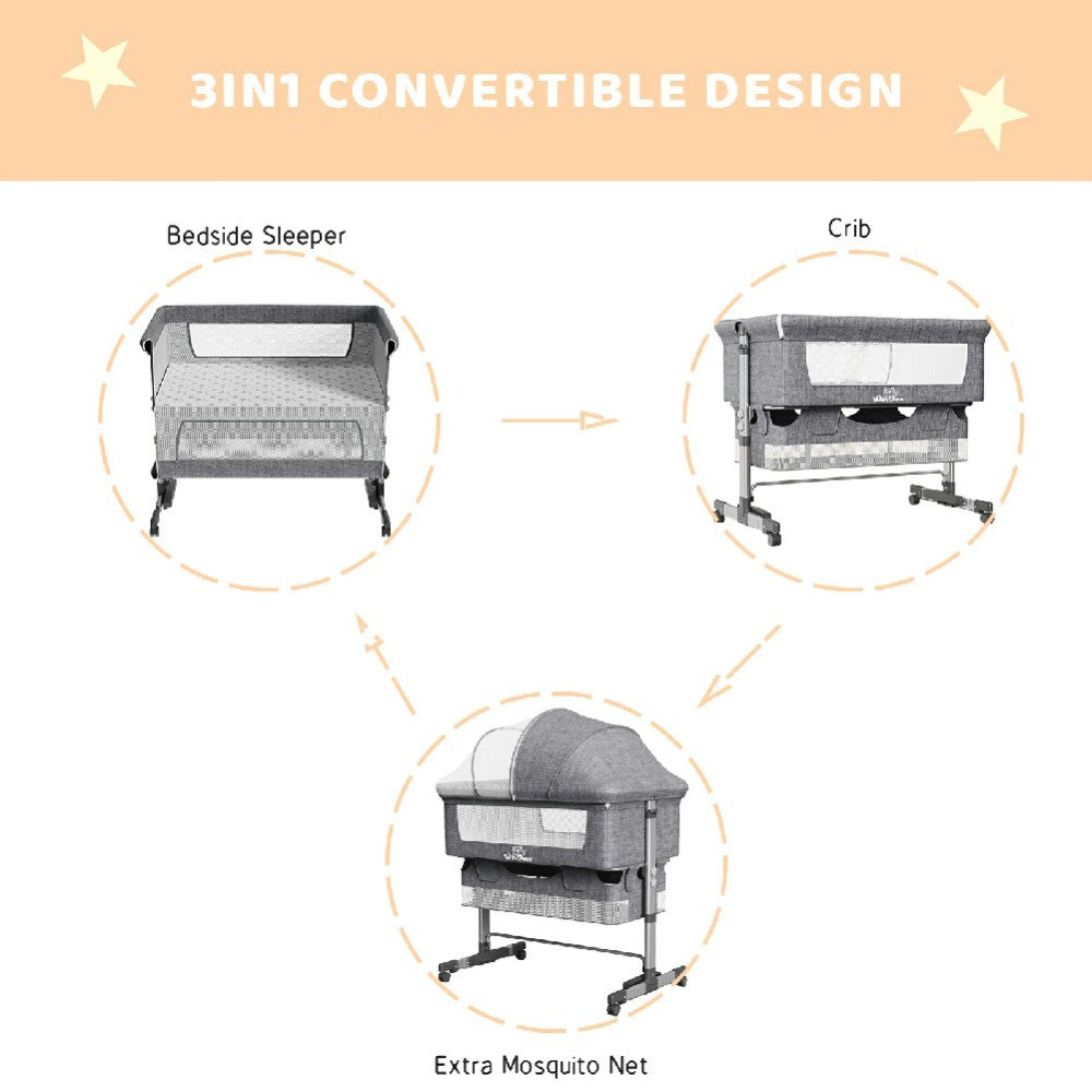 Baby Bassinet, Bedside Sleeper,Foldable Baby Bed to Bed, Adjustable Portable Bed for Infant/Baby/Newborn,with Mosquito Nets, Large Storage Bag, Comfortable Mattresses, Lockable Wheels