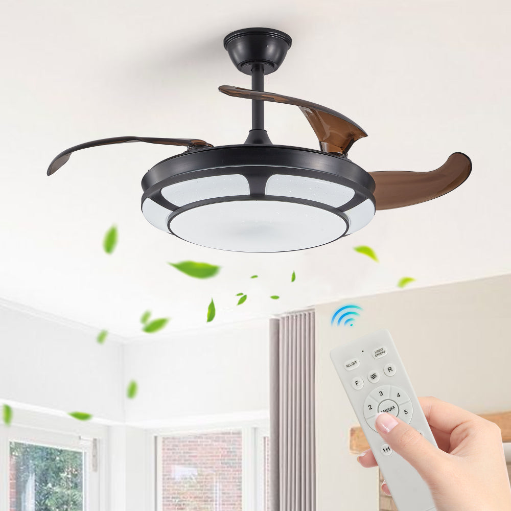 48" Contemporary Crystal LED Retractable Ceiling Fan with Light and Remote Control, 6-Speed Quiet Reversible DC Motor,4 Blades Modern Ceiling Fans for Kitchen Bedroom Dining Room Patio