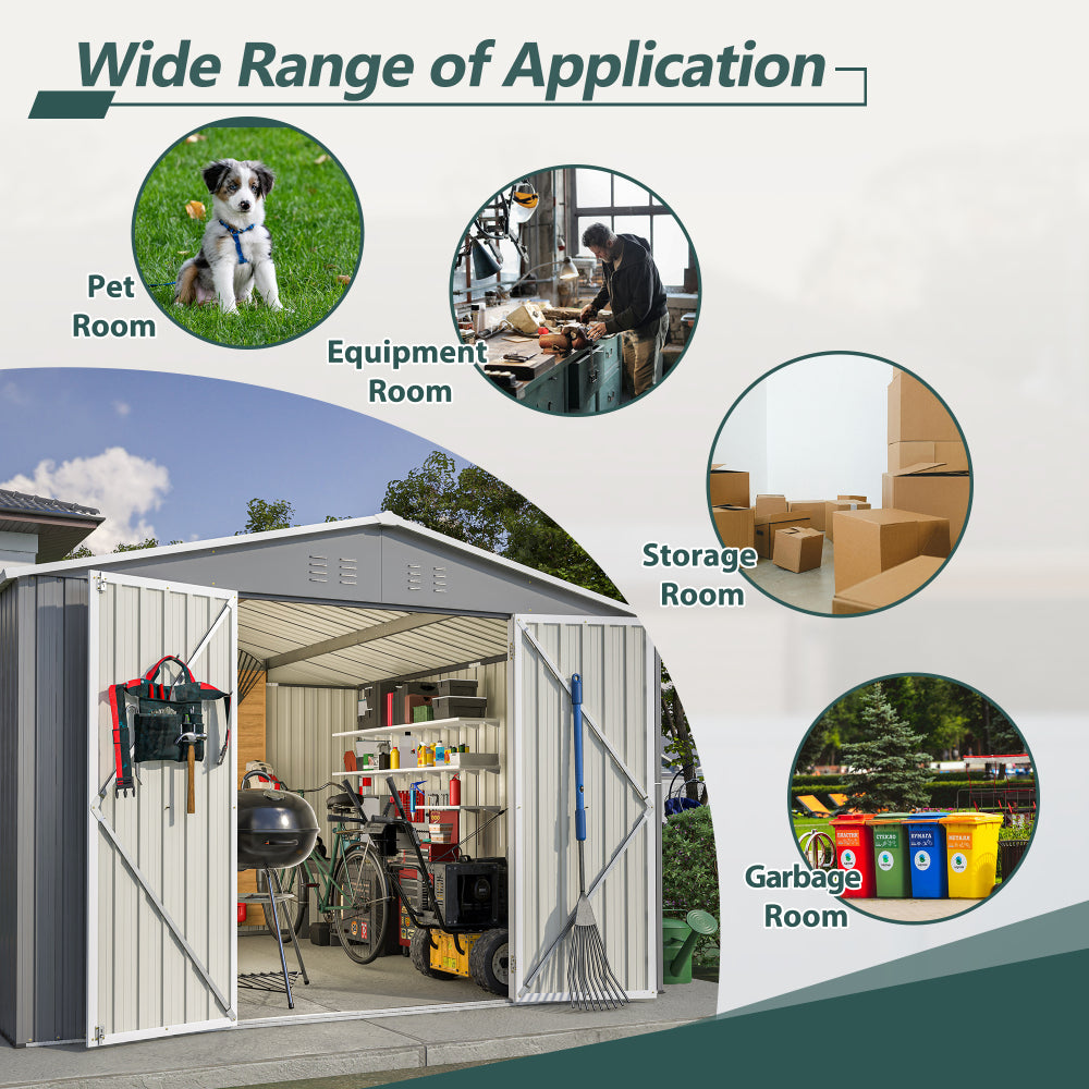10 x 10 FT Outdoor Storage Shed, Large Metal Tool Sheds with Updated Frame Structure and Lockable Doors, Garden Shed for Backyard Garden Patio Lawn, Grey