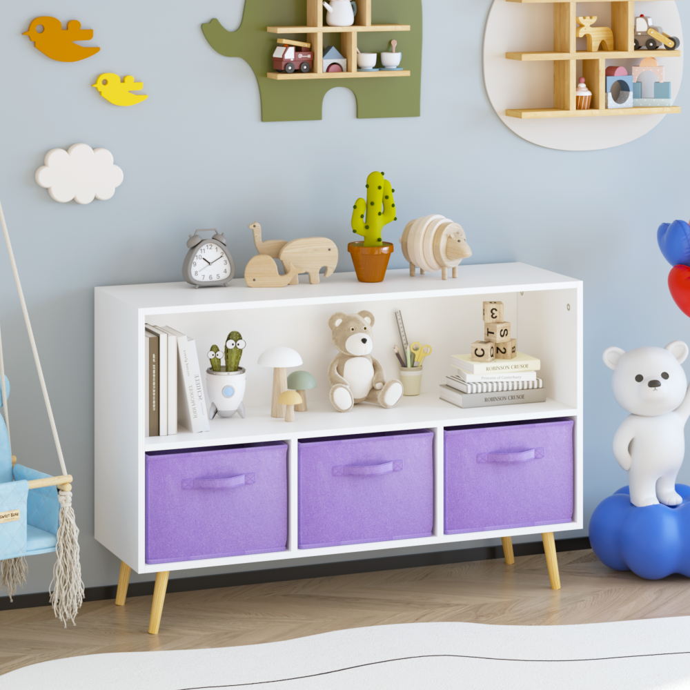 Kids bookcase with Collapsible Fabric Drawers, Children's Book Display, Toy Storage Cabinet Organizer, White/Pink