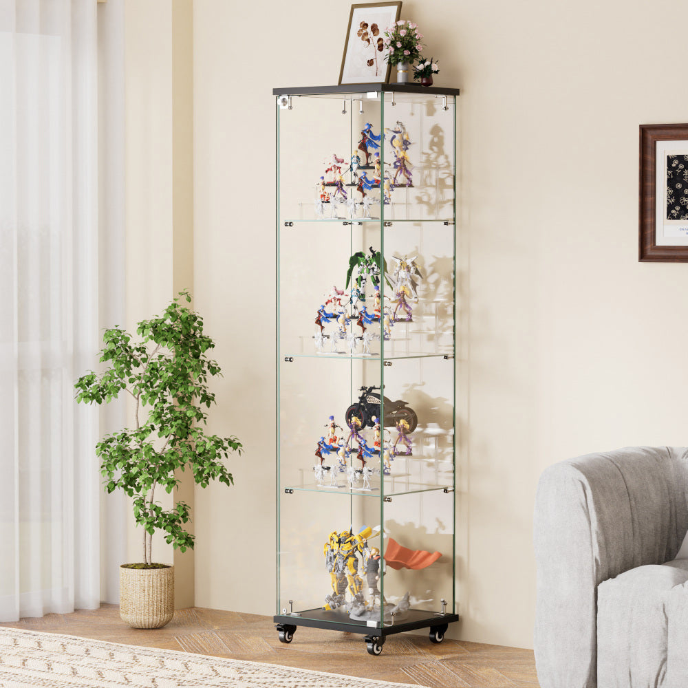 4 Tier Glass Display Cabinet, Single Door Glass Cabinet with Lock and Wheels, Floor Standing Storage Cabinet with 3 Acrylic Shelves for Living Room, Bedroom and Office, White, 15.8"L x 14.2"W x 65.1"H