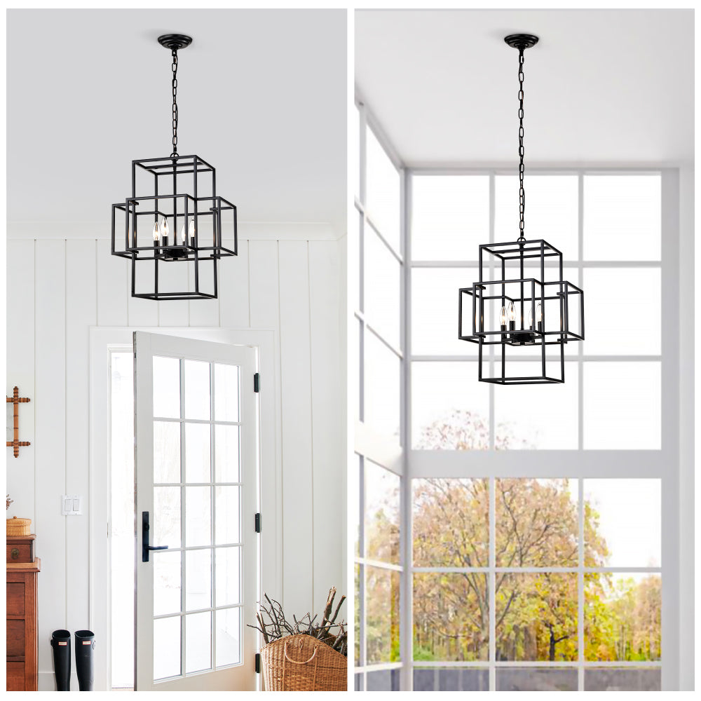 4-Light Metal Lantern Tiered Pendant Hanging Light Fixtures, Industrial Farmhouse Adjustable Height Chandeliers for Dining Room Hallway Foyer Entryway--Matte Black (E12 Bulbs Not Included)