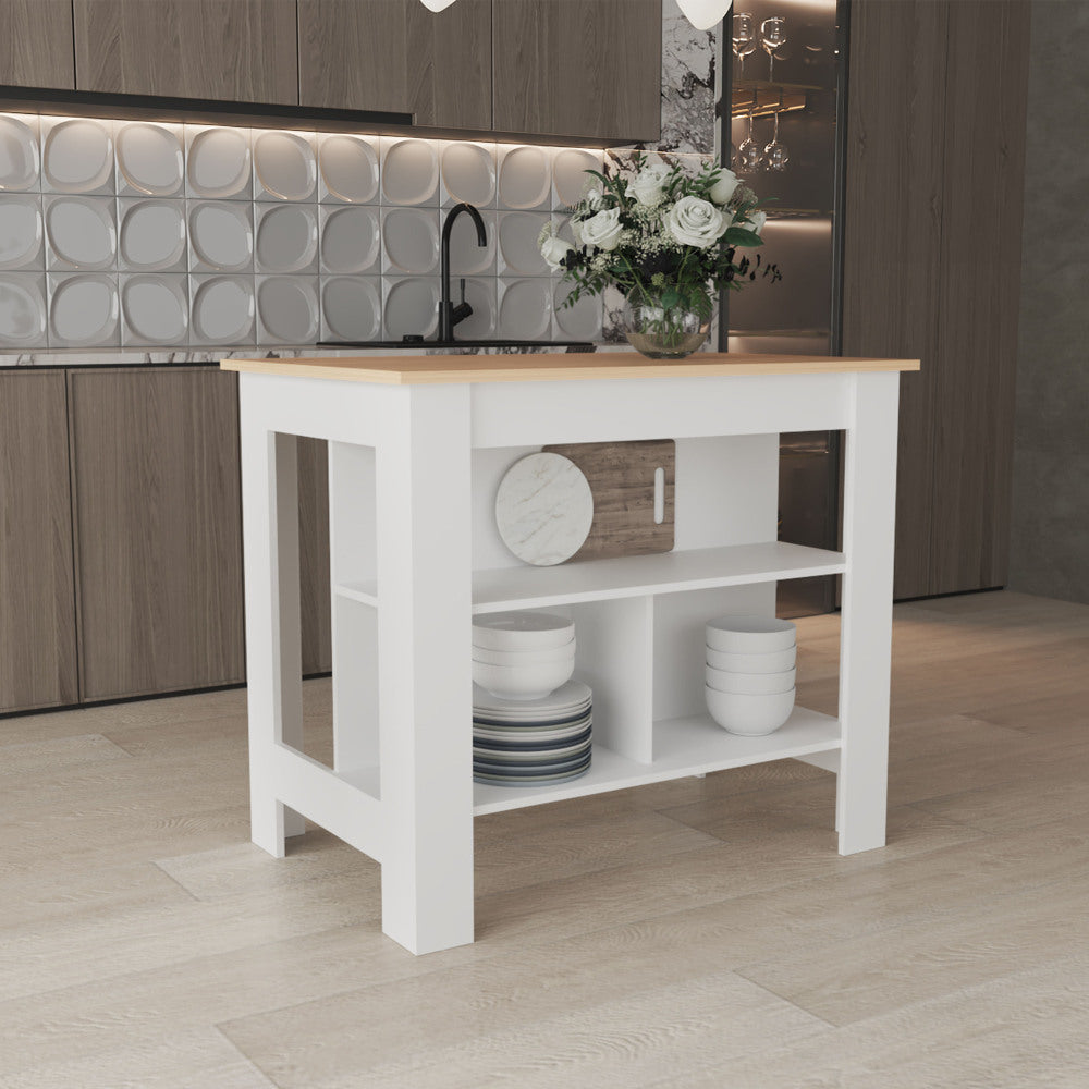 Kitchen Island, kitchen table 35" H, Four Legs, Three Open Storage Shelves, Black / Light Oak