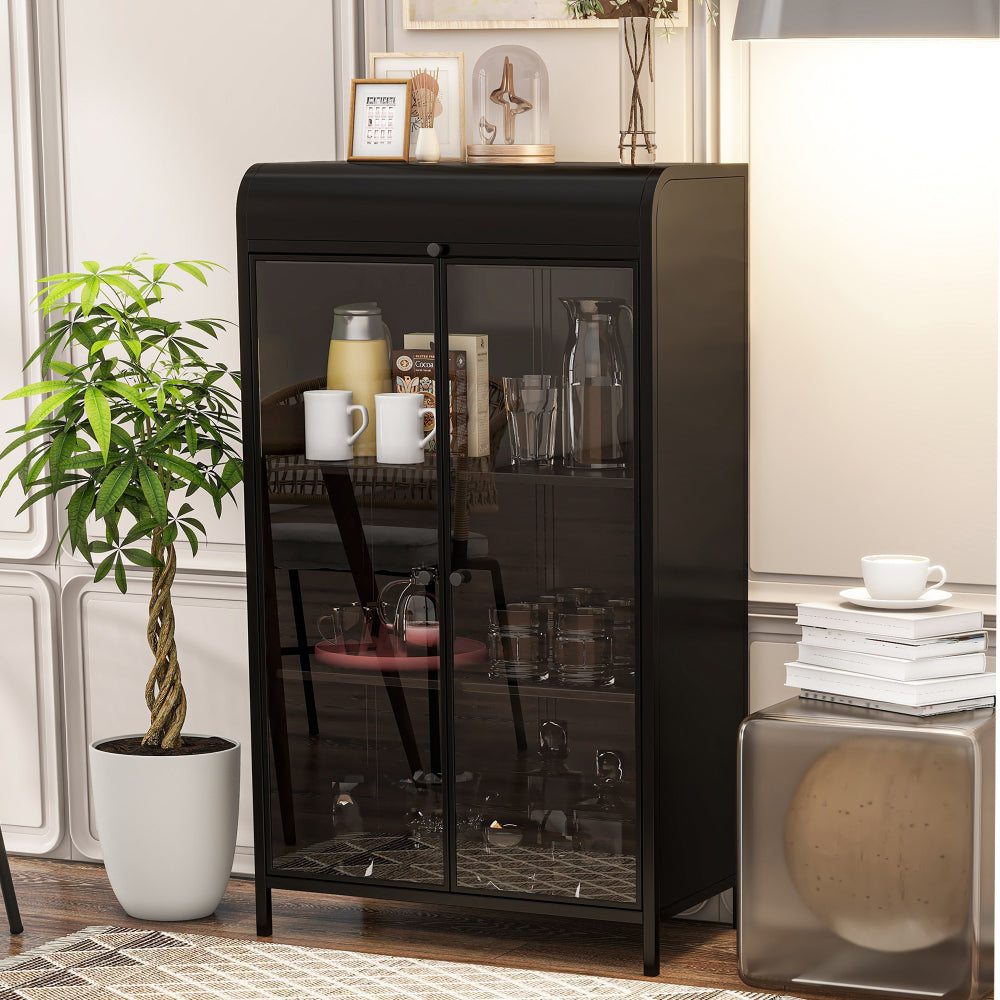 47.6" Tall Metal Storage Cabinet with Glass Doors & Flip-Top, 4-Tier Display Cabinet with Open Shelves, Freestanding Steel Sideboard Buffet for Kitchen, Living Room, Home Office, Dining Room, Bathroom