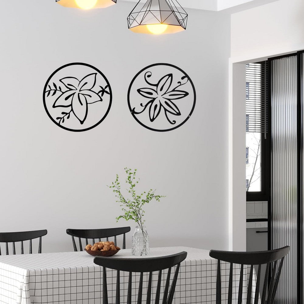 Cinq 3 Piece Set Wall Decor, Floral Hollow Out Abstract Design, Black Round Metal Frame