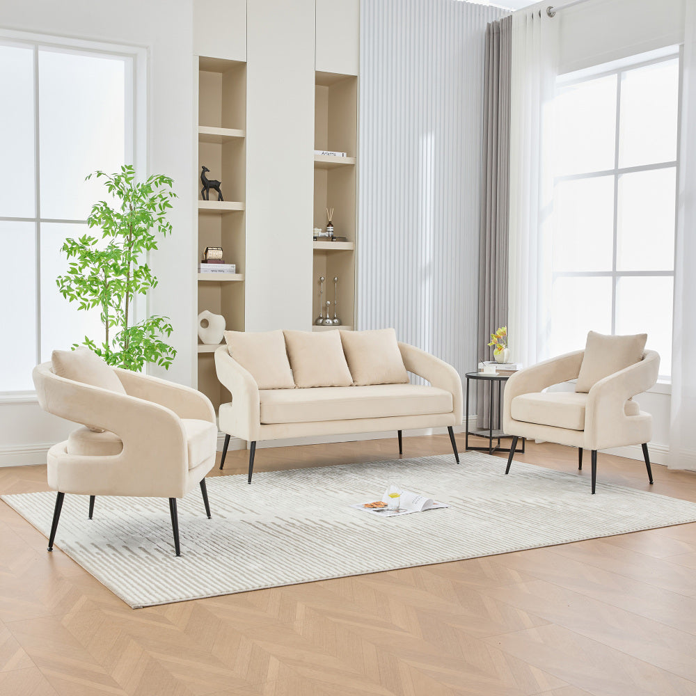 53.7"Modern Upholstered Velvet Open Back Loveseat Settee with 3 Pillows, Small Comfy Sofa 2-Seater Mini Sofa for Small Space with Metal Legs, Living Room Bedroom Office Dorm Studio Apartment, Beige